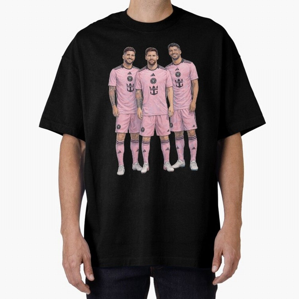 Messi, De Paul and Suarez Inter Miami artistic style ¨C MLS Soccer Oversized T-Shirt Stand Out with Spirit from Global Football Passion for FIFA World Cup 2026 USA Canada Mexico, Centered on Mbappe, Germany, Football History, Final Match Energy,