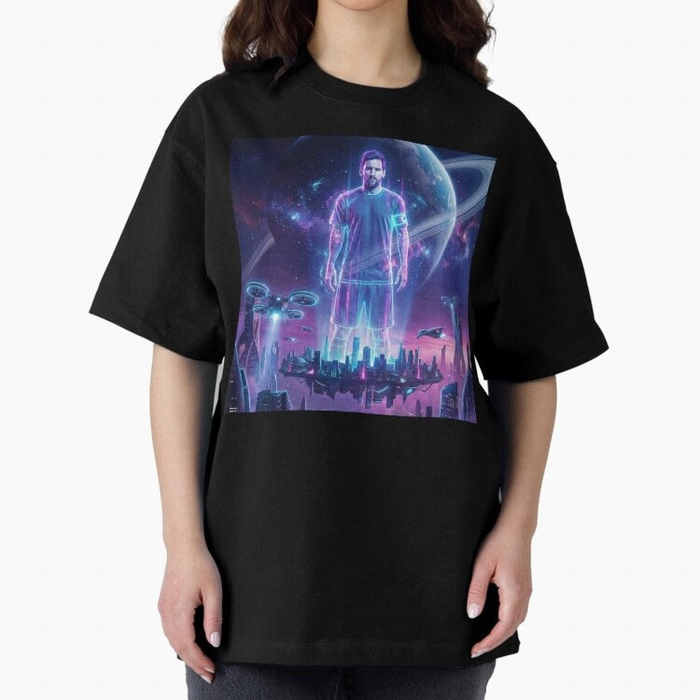 Lionel Messi (GOAT) Hologram in Futuristic Cyberpunk City (Version 3) Classic T-Shirt Experience Match Day Hype around FIFA World Cup 2026, Messi, CR7 and Mbappe, England, Match Day Excitement, Supporter Culture, Golden Goals and Global Football