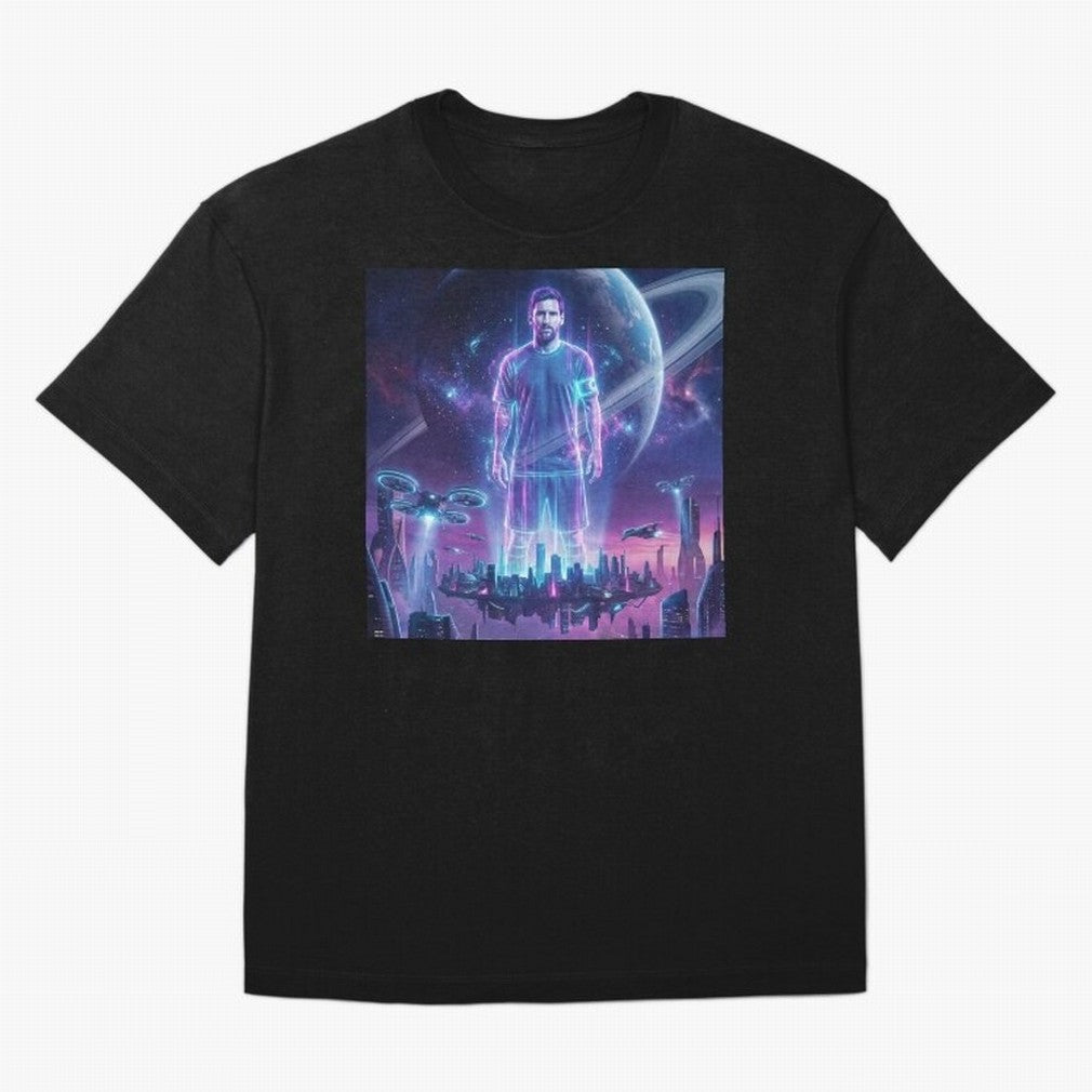Lionel Messi (GOAT) Hologram in Futuristic Cyberpunk City (Version 3) Classic T-Shirt Experience Match Day Hype around FIFA World Cup 2026, Messi, CR7 and Mbappe, England, Match Day Excitement, Supporter Culture, Golden Goals and Global Football