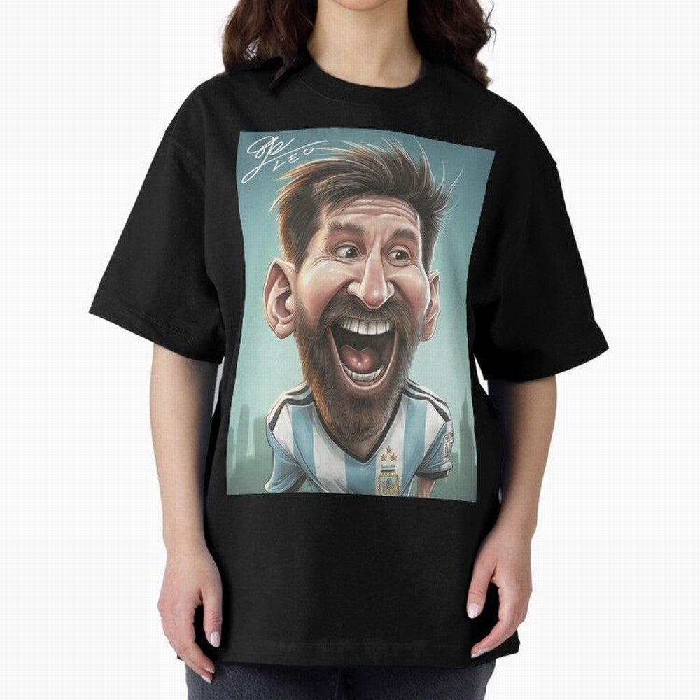Lionel Messi Caricature Art with Autograph Oversized T-Shirt Live the Energy of FIFA World Cup 2026 for Fans of Messi, CR7 and Mbappe and Portugal, Spain and Germany, Bringing Soccer Culture, Superstar Moments, National Team Dreams and Competitive