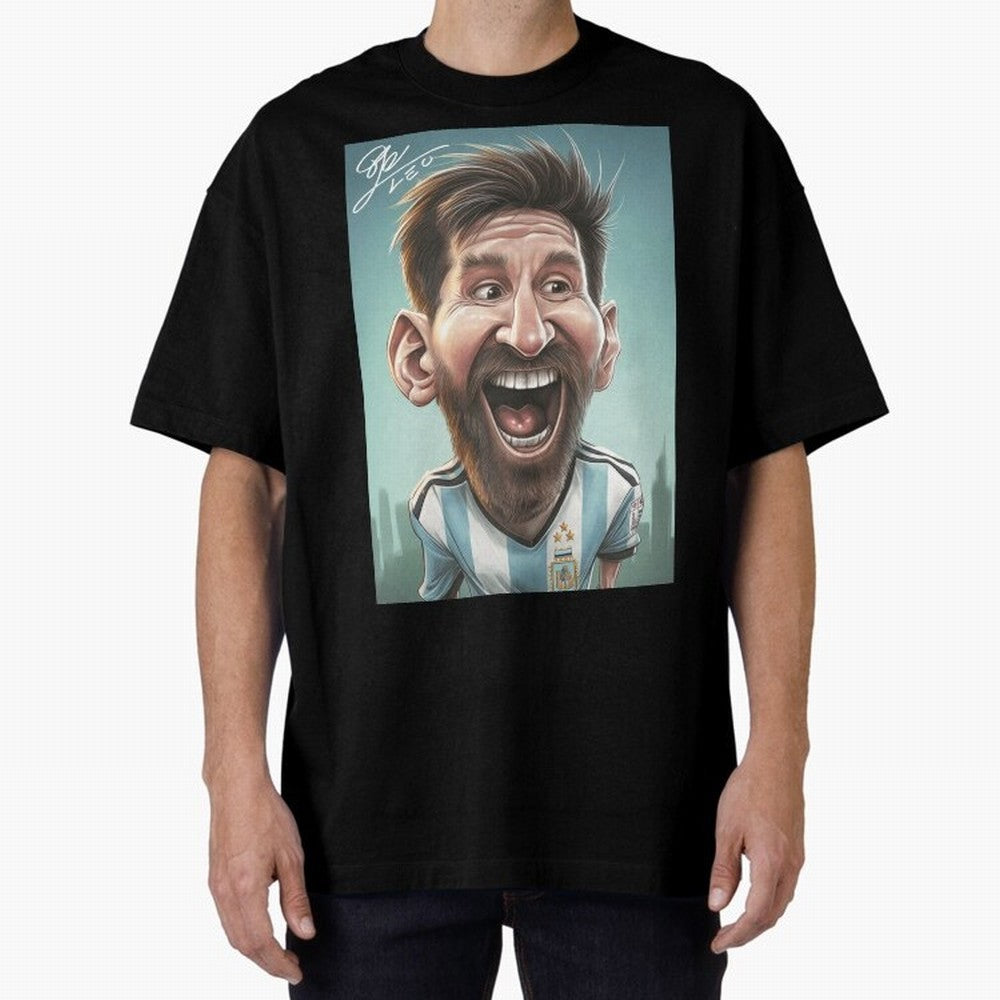 Lionel Messi Caricature Art with Autograph Oversized T-Shirt Live the Energy of FIFA World Cup 2026 for Fans of Messi, CR7 and Mbappe and Portugal, Spain and Germany, Bringing Soccer Culture, Superstar Moments, National Team Dreams and Competitive
