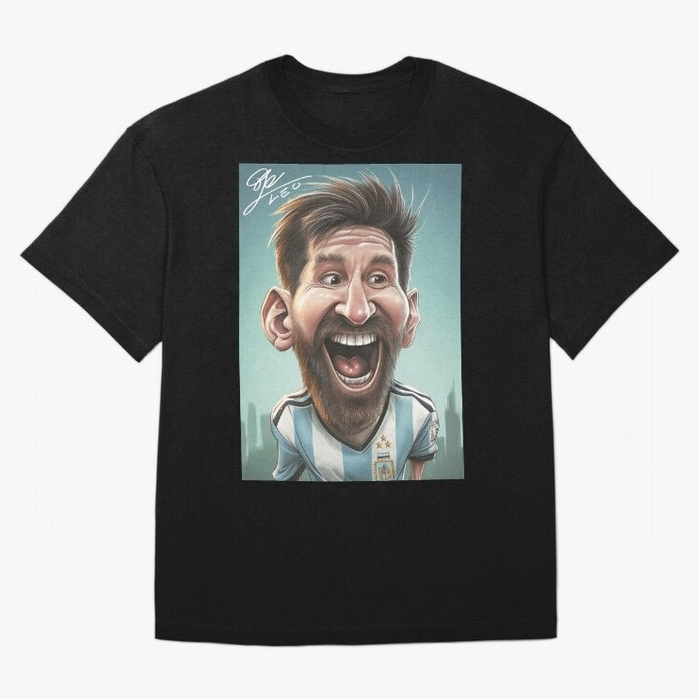 Lionel Messi Caricature Art with Autograph Oversized T-Shirt Live the Energy of FIFA World Cup 2026 for Fans of Messi, CR7 and Mbappe and Portugal, Spain and Germany, Bringing Soccer Culture, Superstar Moments, National Team Dreams and Competitive