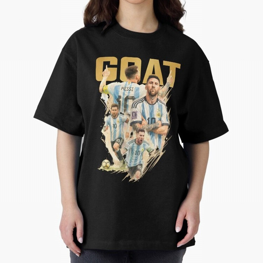 GOAT Lionel Messi watercolor illustration Oversized T-Shirt Celebrate the Magic of FIFA World Cup 2026 Group Stage for Fans of Haaland and Mbappe and England and Germany, Bringing Football Festival Excitement, Trophy Ambitions, Country Rivalries