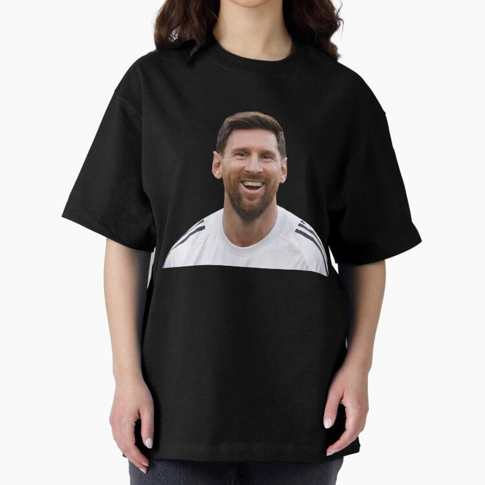 Lionel Messi smiling Oversized T-Shirt Stand with the FIFA World Cup 2026 Group Stage Journey through Cristiano Ronaldo Highlights, Argentina Pride, Sports Nostalgia, International Competition, Famous Players and Unforgettable Victories; Built for