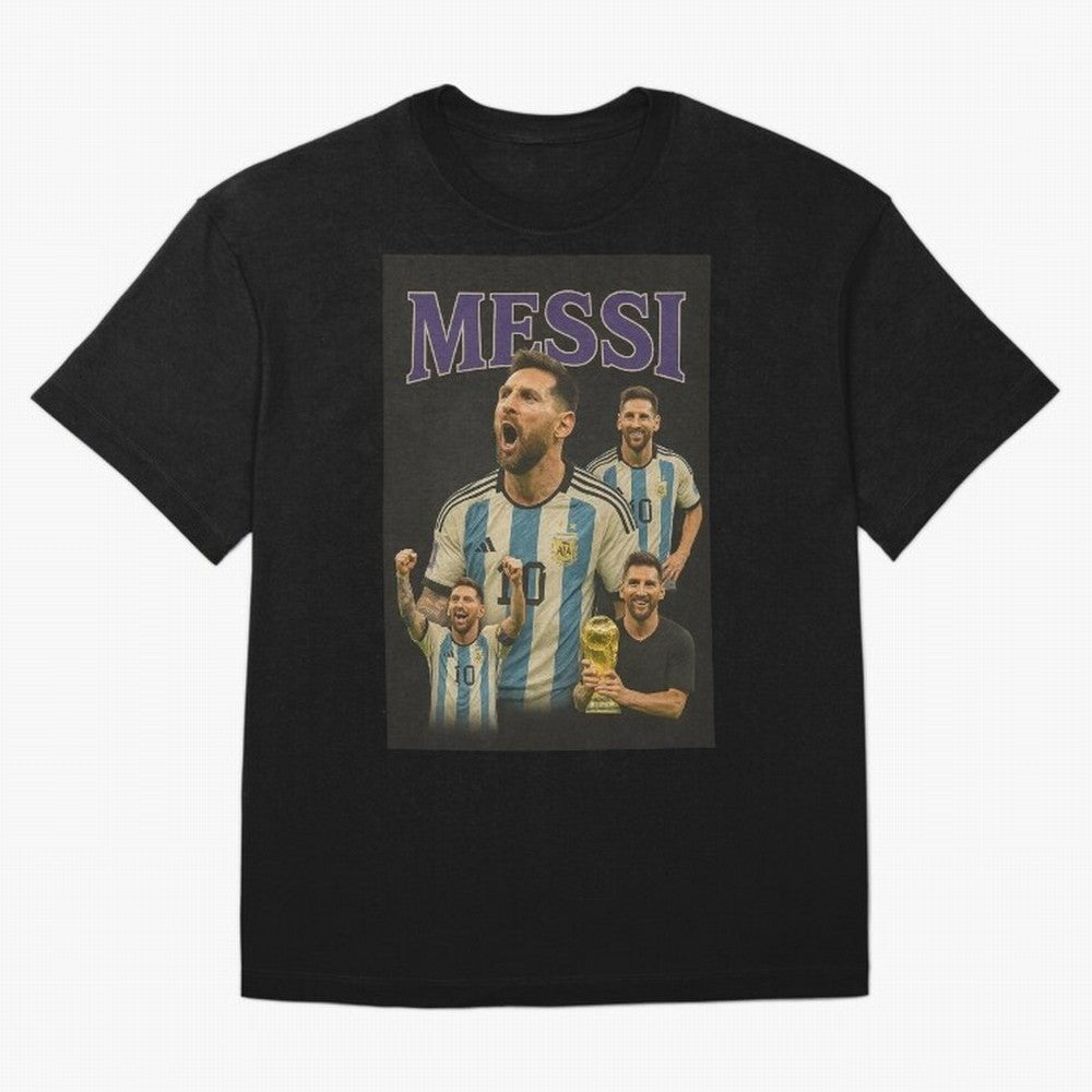 Lionel Messi Retro T-Shirt | 90s Football GOAT Collage Tee Boxy T-Shirt Celebrate Golden Goal Energy in the FIFA World Cup 2026 USA Canada Mexico Journey through Mbappe and Neymar Highlights, England and Germany Pride, Supporter Pride, Iconic