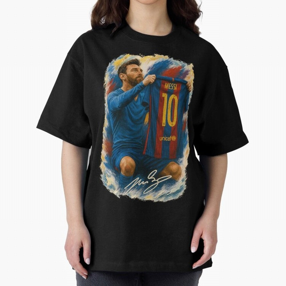 Messi Shirt Celebration Poster ¨C Iconic FC Barcelona Number 10 Artwork Oversized T-Shirt Bring Trophy Dreams to FIFA World Cup 2026 Inspired by Messi, Netherlands Energy, Vintage Soccer Flavor, Modern Football Stars, National Flags and Final Night