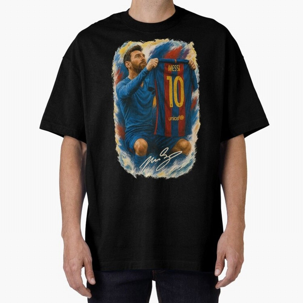Messi Shirt Celebration Poster ¨C Iconic FC Barcelona Number 10 Artwork Oversized T-Shirt Bring Trophy Dreams to FIFA World Cup 2026 Inspired by Messi, Netherlands Energy, Vintage Soccer Flavor, Modern Football Stars, National Flags and Final Night