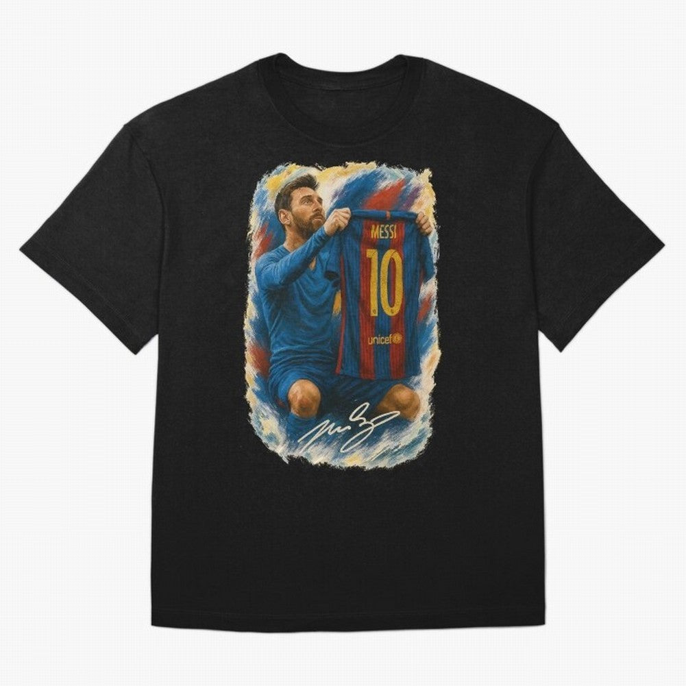 Messi Shirt Celebration Poster ¨C Iconic FC Barcelona Number 10 Artwork Oversized T-Shirt Bring Trophy Dreams to FIFA World Cup 2026 Inspired by Messi, Netherlands Energy, Vintage Soccer Flavor, Modern Football Stars, National Flags and Final Night