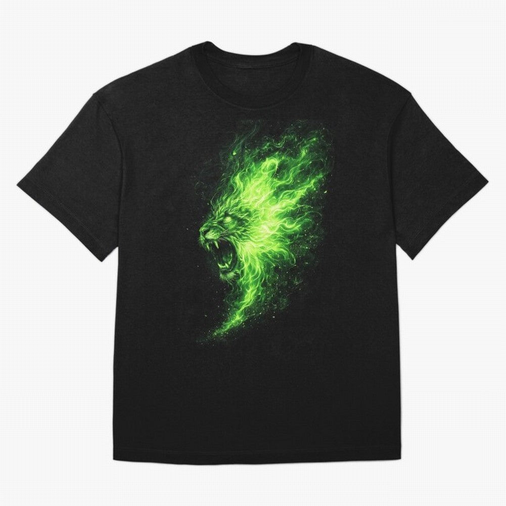 Neon Green Flame Lion ¨C Glowing Fire Roar Beast Graphic | Dark Aesthetic Streetwear Design Graphic T-Shirt Embrace Match Day Hype around FIFA World Cup 2026, Messi, CR7 and Mbappe, Brazil, Portugal and Argentina, Football Festival Excitement,