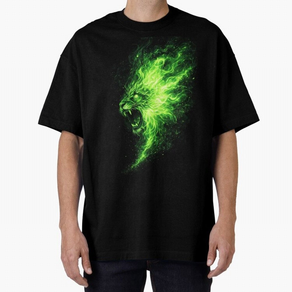 Neon Green Flame Lion ¨C Glowing Fire Roar Beast Graphic | Dark Aesthetic Streetwear Design Graphic T-Shirt Embrace Match Day Hype around FIFA World Cup 2026, Messi, CR7 and Mbappe, Brazil, Portugal and Argentina, Football Festival Excitement,