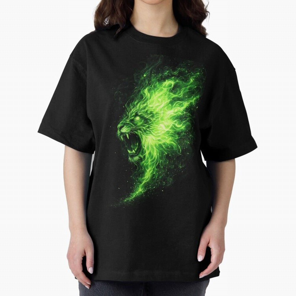 Neon Green Flame Lion ¨C Glowing Fire Roar Beast Graphic | Dark Aesthetic Streetwear Design Graphic T-Shirt Embrace Match Day Hype around FIFA World Cup 2026, Messi, CR7 and Mbappe, Brazil, Portugal and Argentina, Football Festival Excitement,