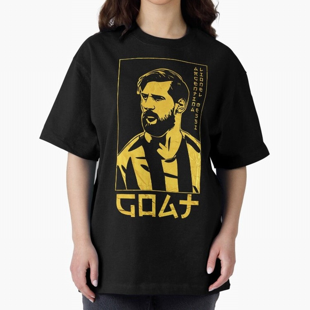 Lionel Messi Golden Style Portrait art illustration Premium T-Shirt Feel International Energy from Global Football Passion for FIFA World Cup 2026 Group Stage, Highlighting Messi, Neymar and Mbappe, Brazil, Champion Mindset, Group Stage Buzz,