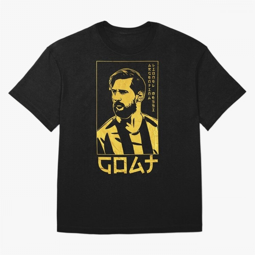 Lionel Messi Golden Style Portrait art illustration Premium T-Shirt Feel International Energy from Global Football Passion for FIFA World Cup 2026 Group Stage, Highlighting Messi, Neymar and Mbappe, Brazil, Champion Mindset, Group Stage Buzz,