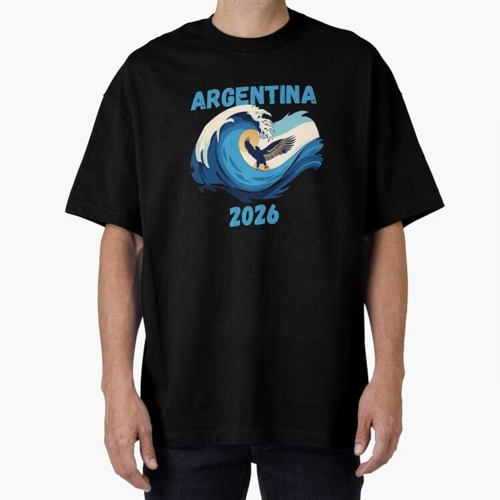 Camiseta y Calcoman¨ªa Argentina - Dise?o Bandera Albiceleste para Hinchas. Oversized T-Shirt Celebrate the Road through FIFA World Cup 2026 Group Stage Spirit, Centered on Portugal, Spain and Germany, Haaland, Goal Celebration Energy, Supporter