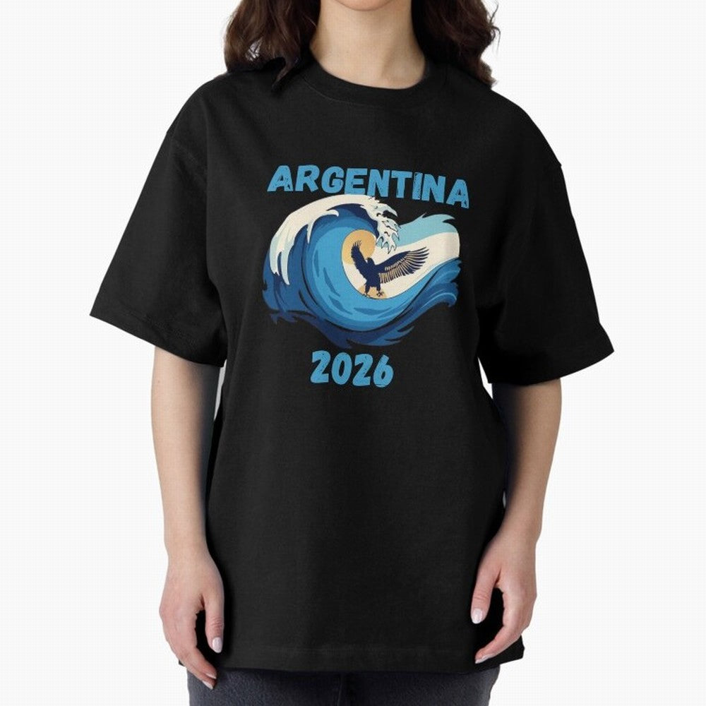 Camiseta y Calcoman¨ªa Argentina - Dise?o Bandera Albiceleste para Hinchas. Oversized T-Shirt Celebrate the Road through FIFA World Cup 2026 Group Stage Spirit, Centered on Portugal, Spain and Germany, Haaland, Goal Celebration Energy, Supporter
