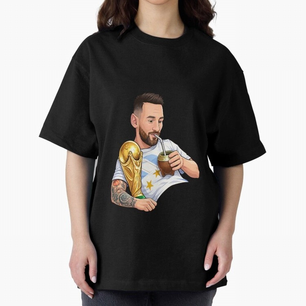 Messi drinking mate and his World Cup trophy Graphic T-Shirt Honor Match Day Hype around FIFA World Cup 2026 Group Stage, Haaland and Mbappe, England and Germany, Global Supporter Spirit, Legendary Goals, National Colors and Tournament Celebration;