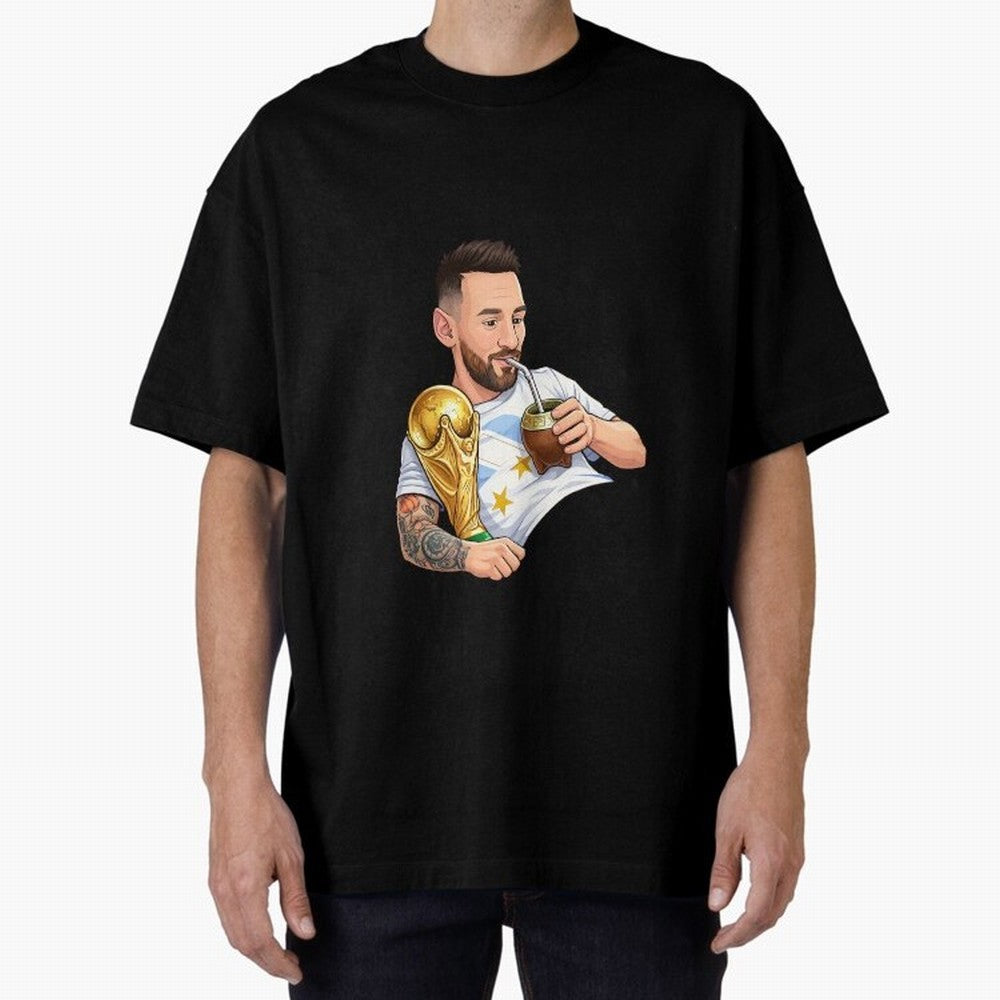 Messi drinking mate and his World Cup trophy Graphic T-Shirt Honor Match Day Hype around FIFA World Cup 2026 Group Stage, Haaland and Mbappe, England and Germany, Global Supporter Spirit, Legendary Goals, National Colors and Tournament Celebration;