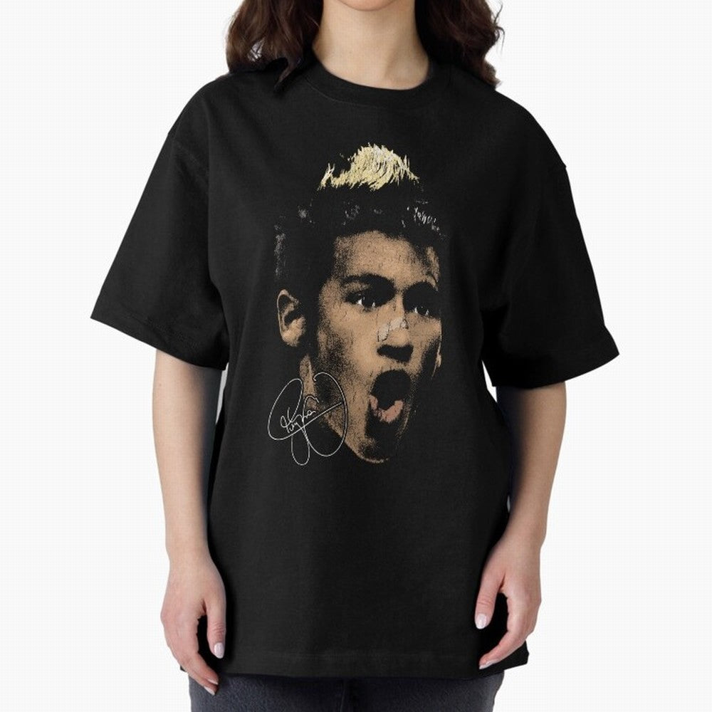 Young Neymar Illustration Oversized T-Shirt Celebrate Golden Goal Energy in FIFA World Cup 2026 USA Canada Mexico for Fans of Cristiano Ronaldo and Portugal, Spain and Germany, Bringing Game Day Rituals, Football Legends, Country Pride and the Road