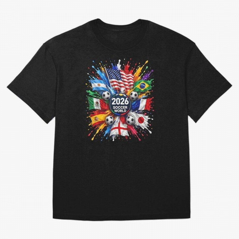 2026 Soccer World Championship Global Flags Paint Splash Sports Fan Graphic Classic T-Shirt Relive FIFA World Cup 2026 USA Canada Mexico with CR7, Brazil, Portugal and Argentina Energy, Supporter Pride, Iconic Celebrations, Legendary Names and