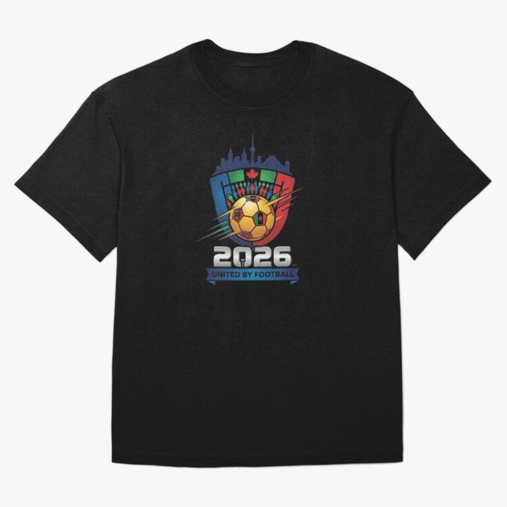 2026 World Cup United by Football Shield Emblem with Skyline Classic T-Shirt Turn Football Passion into FIFA World Cup 2026 Celebrating Messi and Cristiano Ronaldo, Spain Energy, Global Supporter Spirit, Legendary Goals, National Colors and