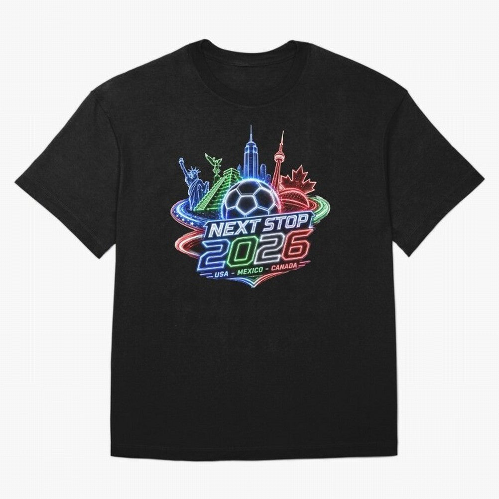 Next Stop 2026 USA Mexico Canada Neon Soccer Emblem Classic T-Shirt Bring Supporter Culture to Global Football Passion for FIFA World Cup 2026 Group Stage, Featuring Messi and Cristiano Ronaldo, Brazil, Portugal and Argentina, Supporter Pride,