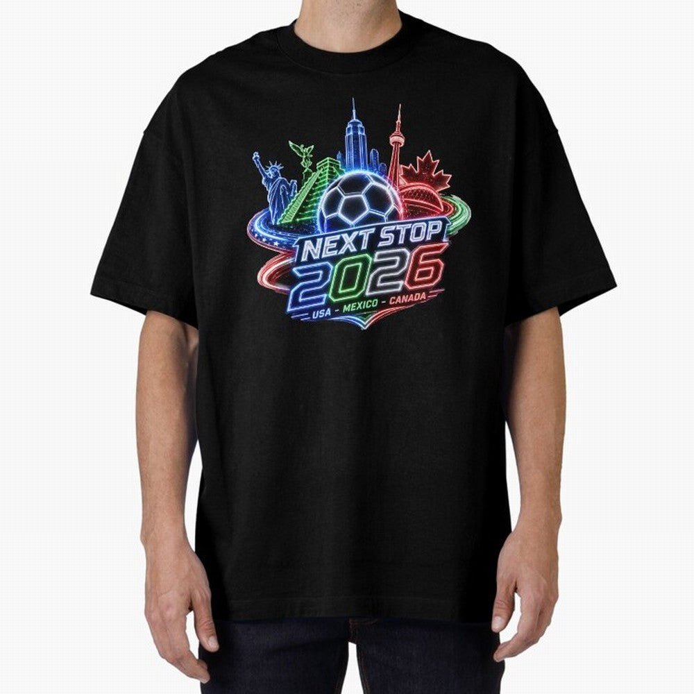 Next Stop 2026 USA Mexico Canada Neon Soccer Emblem Classic T-Shirt Bring Supporter Culture to Global Football Passion for FIFA World Cup 2026 Group Stage, Featuring Messi and Cristiano Ronaldo, Brazil, Portugal and Argentina, Supporter Pride,