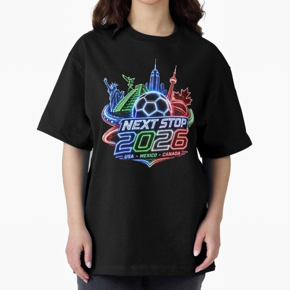 Next Stop 2026 USA Mexico Canada Neon Soccer Emblem Classic T-Shirt Bring Supporter Culture to Global Football Passion for FIFA World Cup 2026 Group Stage, Featuring Messi and Cristiano Ronaldo, Brazil, Portugal and Argentina, Supporter Pride,