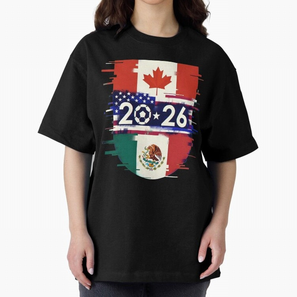 Glitched United 2026 - North America Emblem Cup Classic T-Shirt Enjoy Match Day Hype around FIFA World Cup 2026 Group Stage, CR7 and Messi, France and Portugal, Football History, Final Match Energy, Crowd Noise and Once in a Lifetime Moments; Ideal