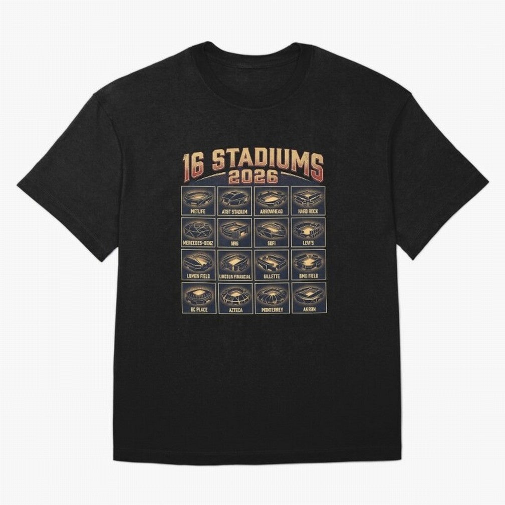 Sixteen Stadiums for 2026 World Cup Classic T-Shirt Support Iconic Players in the FIFA World Cup 2026 Group Stage Journey through CR7 and Messi Highlights, Brazil, Portugal and Argentina Pride, Football History, Final Match Energy, Crowd Noise and