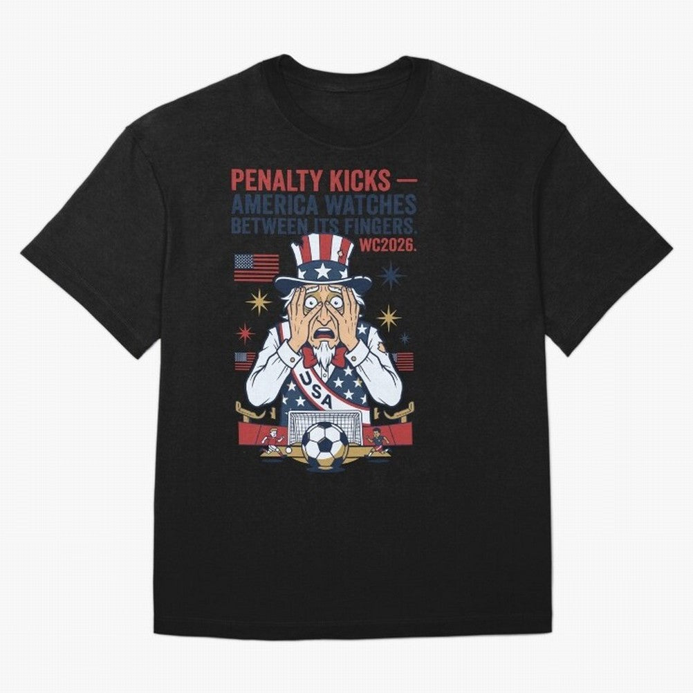 Penalty Kicks ¡ª America Watches Between Its Fingers V1 Classic T-Shirt Show Championship Spirit for FIFA World Cup 2026 for Fans of Mbappe and England, France and Netherlands, Bringing Tournament Hype, Historic Matchups, Family Viewing Parties and