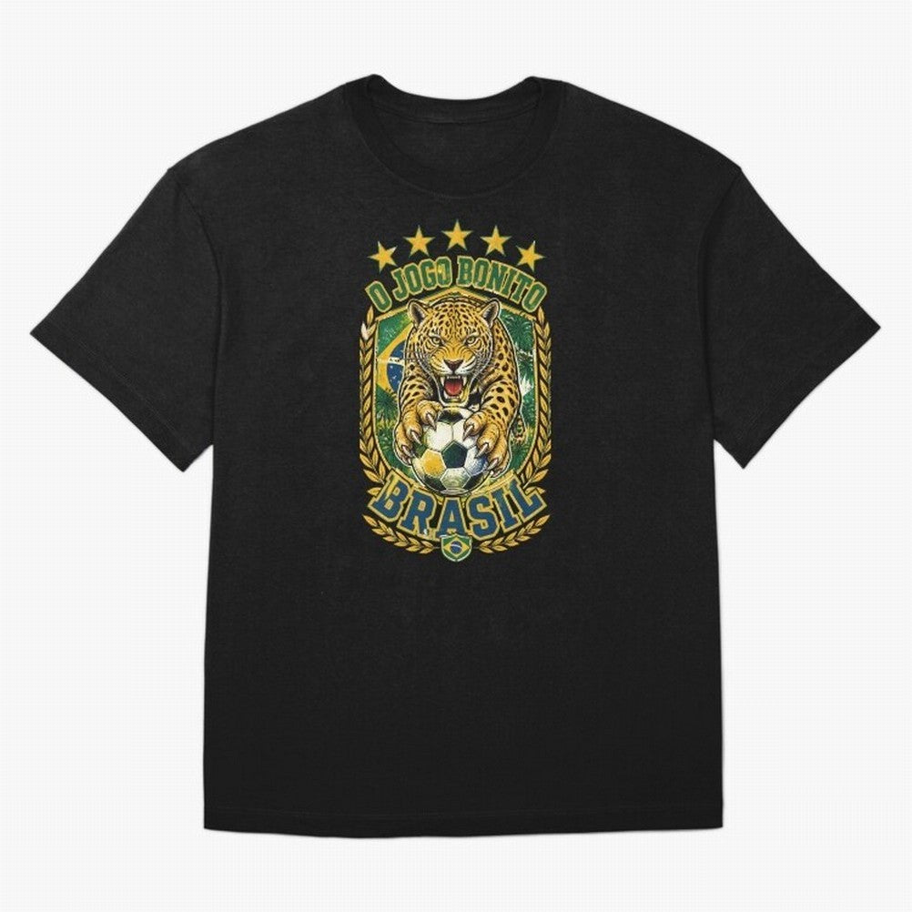 Brazil Soccer Jaguar - O Jogo Bonito Vintage 5 Stars Football Fan T-Shirt Classic T-Shirt Support Iconic Players in FIFA World Cup 2026 Spirit, Centered on France and Portugal, Messi and Cristiano Ronaldo, Global Supporter Spirit, Legendary Goals,