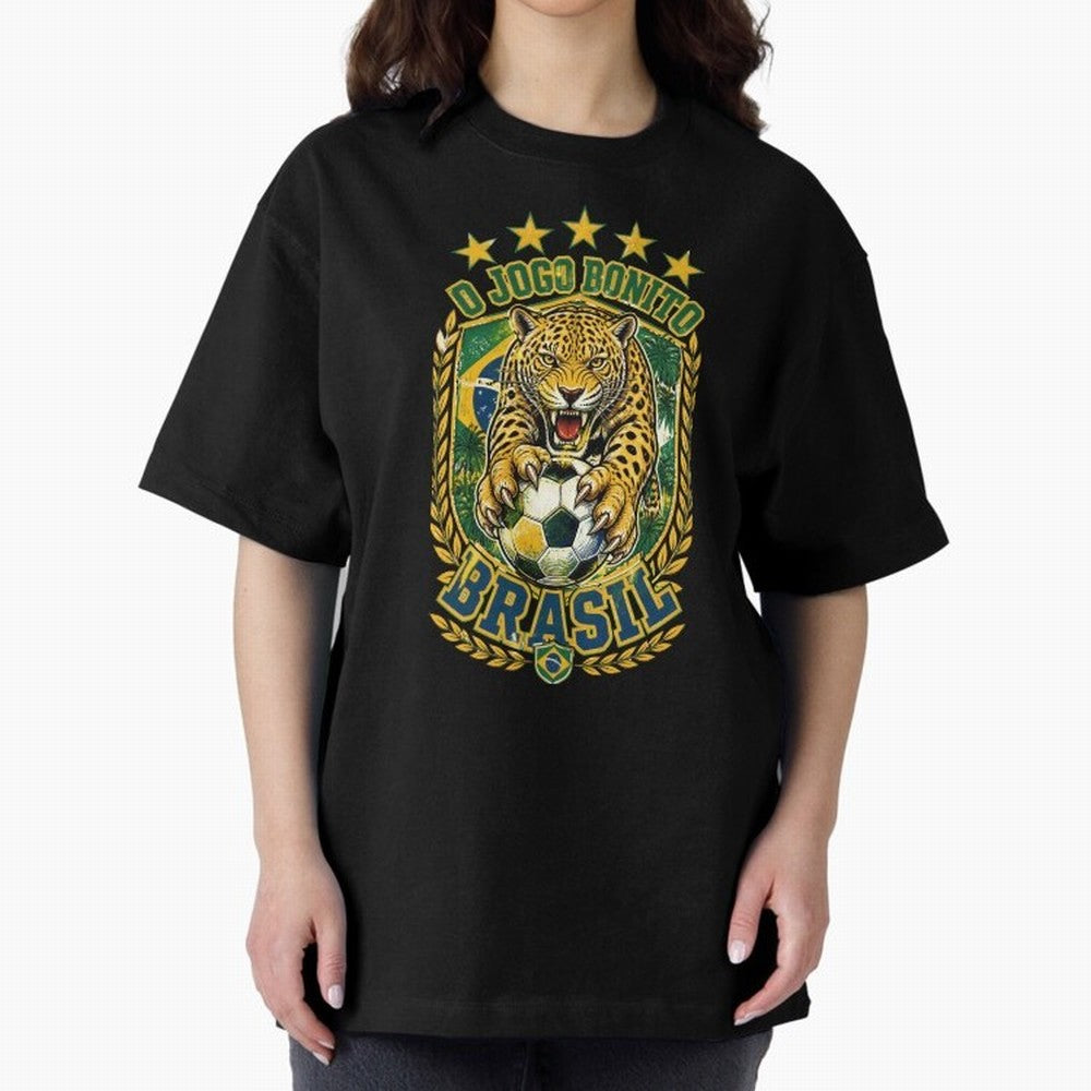 Brazil Soccer Jaguar - O Jogo Bonito Vintage 5 Stars Football Fan T-Shirt Classic T-Shirt Support Iconic Players in FIFA World Cup 2026 Spirit, Centered on France and Portugal, Messi and Cristiano Ronaldo, Global Supporter Spirit, Legendary Goals,