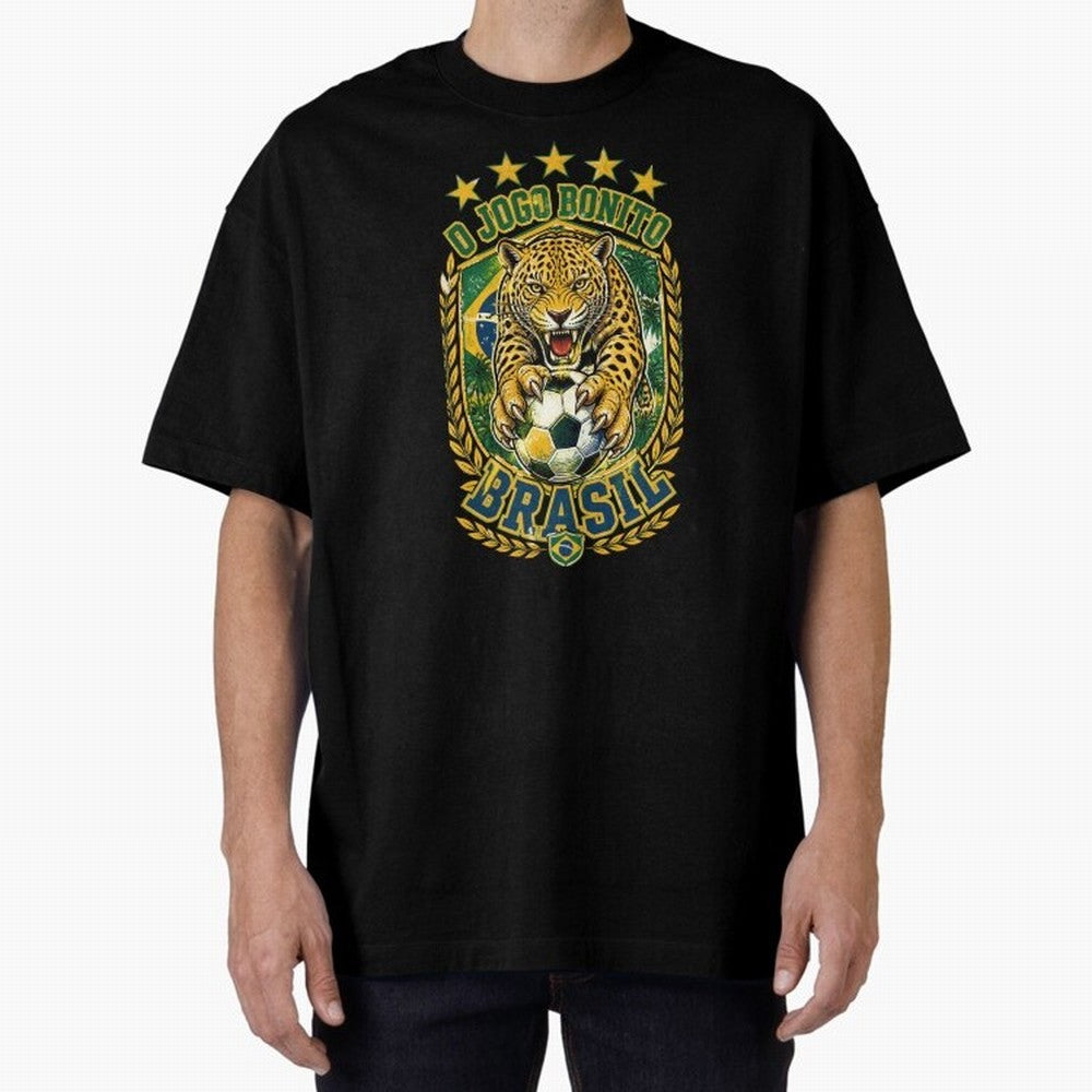 Brazil Soccer Jaguar - O Jogo Bonito Vintage 5 Stars Football Fan T-Shirt Classic T-Shirt Support Iconic Players in FIFA World Cup 2026 Spirit, Centered on France and Portugal, Messi and Cristiano Ronaldo, Global Supporter Spirit, Legendary Goals,