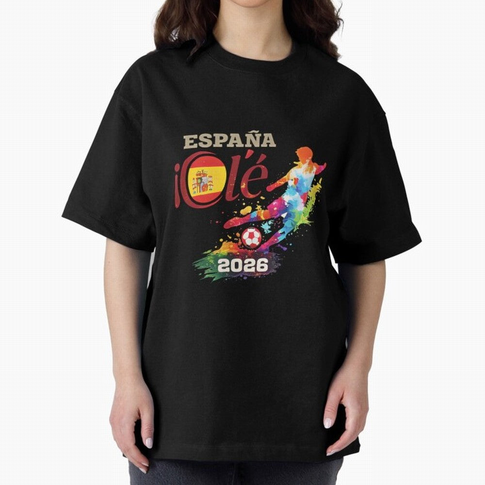 Spain Ol¨¦ 2026 Colorful Watercolor Football Graphic Classic T-Shirt Turn Up for the FIFA World Cup 2026 USA Canada Mexico Journey through Messi and Cristiano Ronaldo Highlights, France and Portugal Pride, Football Passion, Legendary Performances,