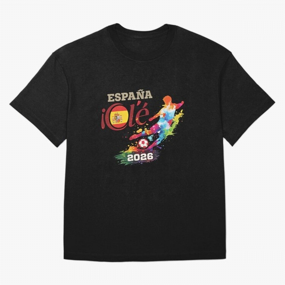 Spain Ol¨¦ 2026 Colorful Watercolor Football Graphic Classic T-Shirt Turn Up for the FIFA World Cup 2026 USA Canada Mexico Journey through Messi and Cristiano Ronaldo Highlights, France and Portugal Pride, Football Passion, Legendary Performances,