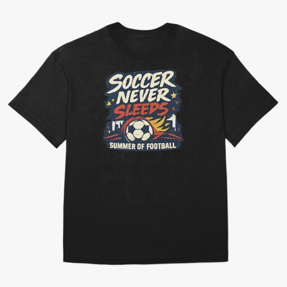 Soccer Never Sleeps Summer of Football Vintage Soccer Fan Tee Classic T-Shirt Feel the Trophy Chase of FIFA World Cup 2026 USA Canada Mexico Spirit, Inspired by Brazil, CR7 and Messi, Football Passion, Legendary Performances, Festival Vibes and