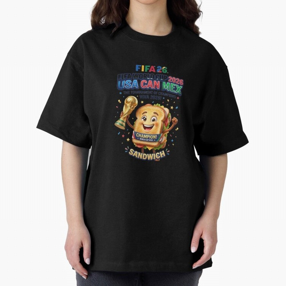 Cartoon Sandwich Champion Holding 2026 World Cup Trophy Classic T-Shirt Celebrate Unforgettable Nights in FIFA World Cup 2026 for Fans of Neymar and Brazil, Bringing Stadium Chants, National Pride, Trophy Dreams and Unforgettable Football Memories;