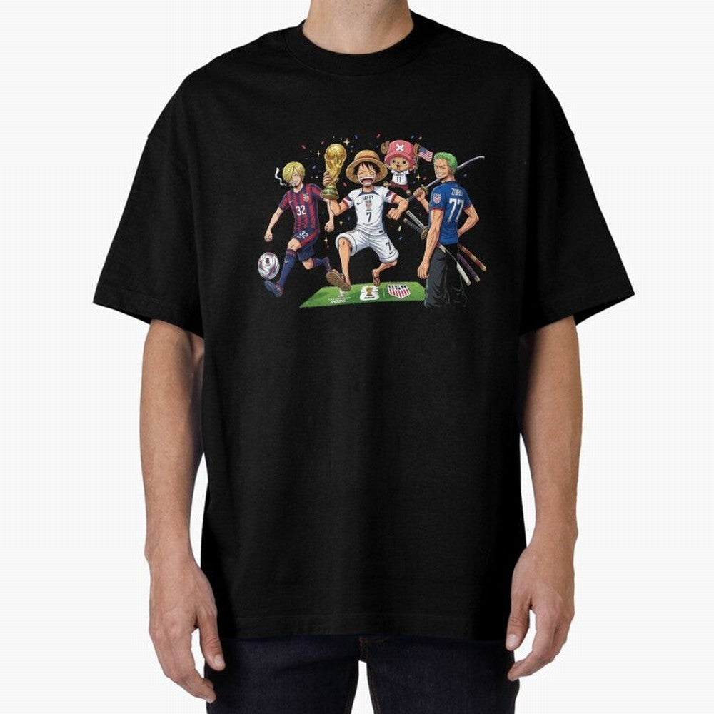One Piece Characters Celebrating World Cup 2026 USA Classic T-Shirt Feel the Trophy Chase of Global Football Passion for FIFA World Cup 2026 USA Canada Mexico, Featuring Messi and Cristiano Ronaldo, Portugal, Champion Mindset, Group Stage Buzz,