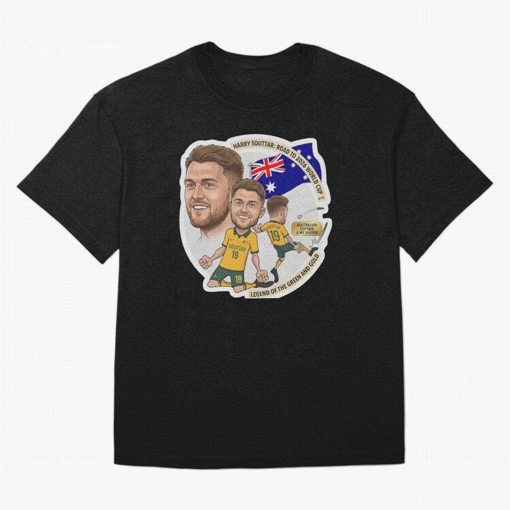 Harry Souttar Australia Football Legend Cartoon Illustration Classic T-Shirt Celebrate National Team Dreams in the FIFA World Cup 2026 USA Canada Mexico Journey through Neymar Highlights, Spain Pride, Sports Nostalgia, International Competition,