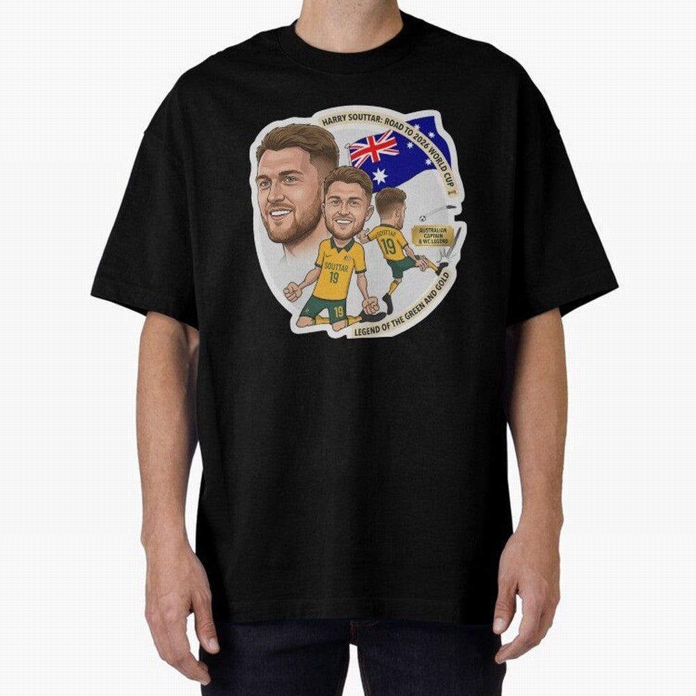 Harry Souttar Australia Football Legend Cartoon Illustration Classic T-Shirt Celebrate National Team Dreams in the FIFA World Cup 2026 USA Canada Mexico Journey through Neymar Highlights, Spain Pride, Sports Nostalgia, International Competition,