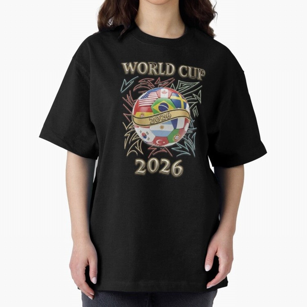2026 World Cup Soccer Ball Flags - Global Football Championship Celebration Classic T-Shirt Remember Iconic Moments from Match Day Hype around FIFA World Cup 2026 Group Stage, Messi, Neymar and Mbappe, Spain, Worldwide Fan Energy, Dramatic Goals,