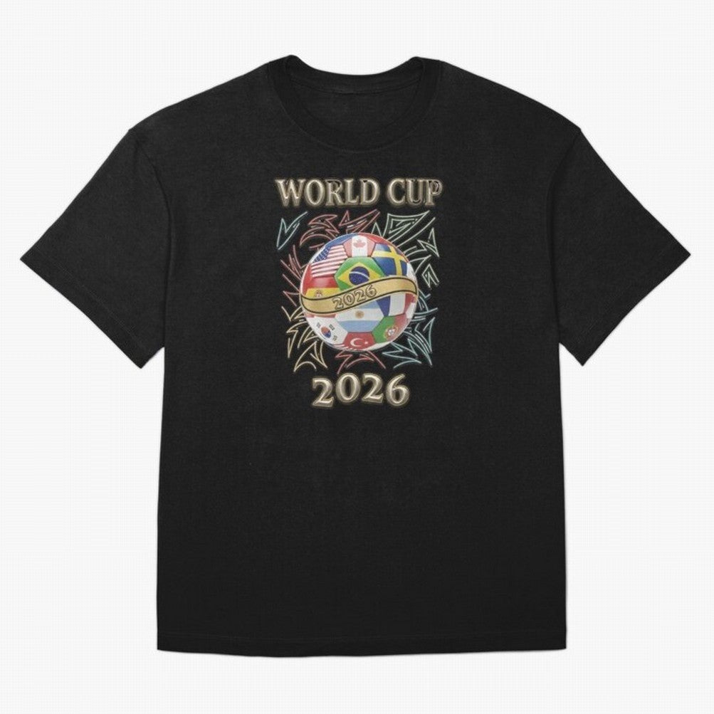 2026 World Cup Soccer Ball Flags - Global Football Championship Celebration Classic T-Shirt Remember Iconic Moments from Match Day Hype around FIFA World Cup 2026 Group Stage, Messi, Neymar and Mbappe, Spain, Worldwide Fan Energy, Dramatic Goals,