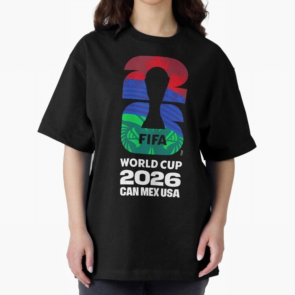 World Cup26 Host Country Logo Flags Oversized T-Shirt Elevate FIFA World Cup 2026 Spirit, Filled with France and Portugal, Messi and Cristiano Ronaldo, Sports Nostalgia, International Competition, Famous Players and Unforgettable Victories; Perfect