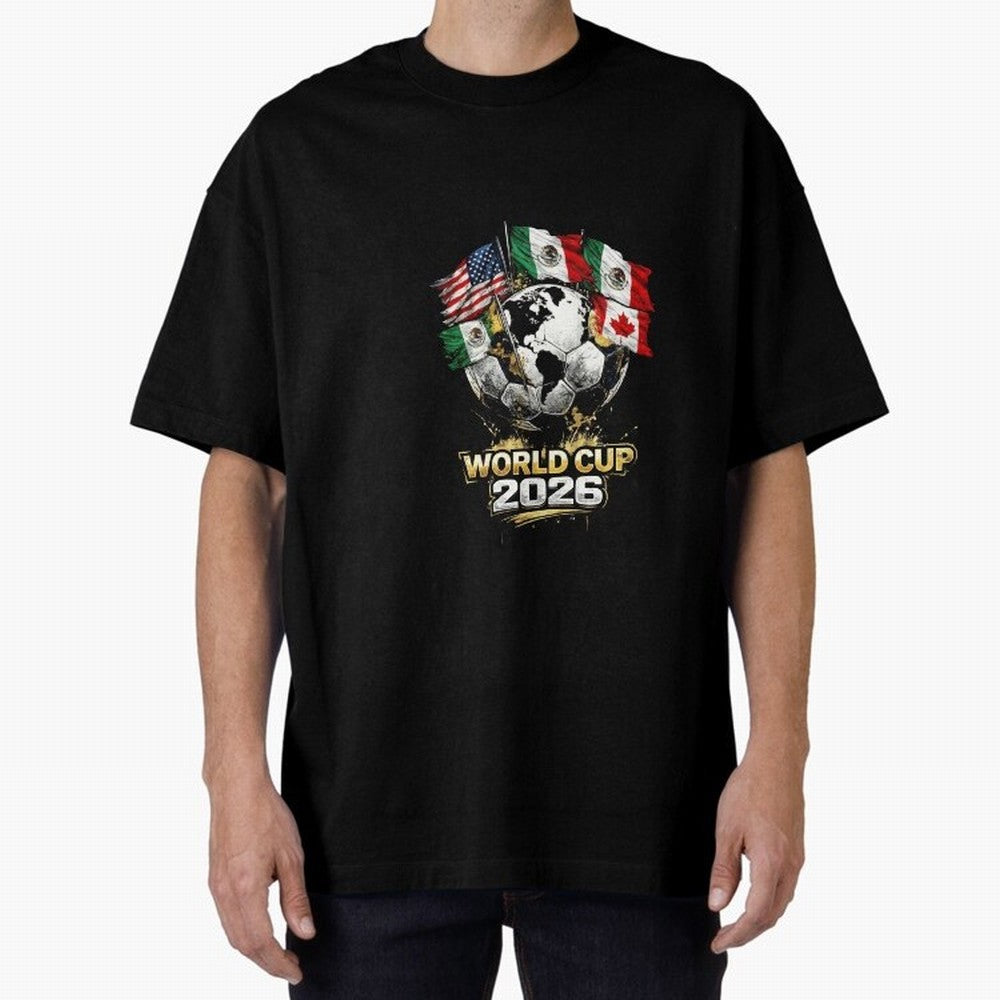 Fifa 2026 World Cup Flags Football Graphic Tee Oversized T-Shirt Bring Trophy Dreams to the FIFA World Cup 2026 Group Stage Journey through Messi, Neymar and Mbappe Highlights, England and Germany Pride, Fan Favorite Moments, National Team Passion,