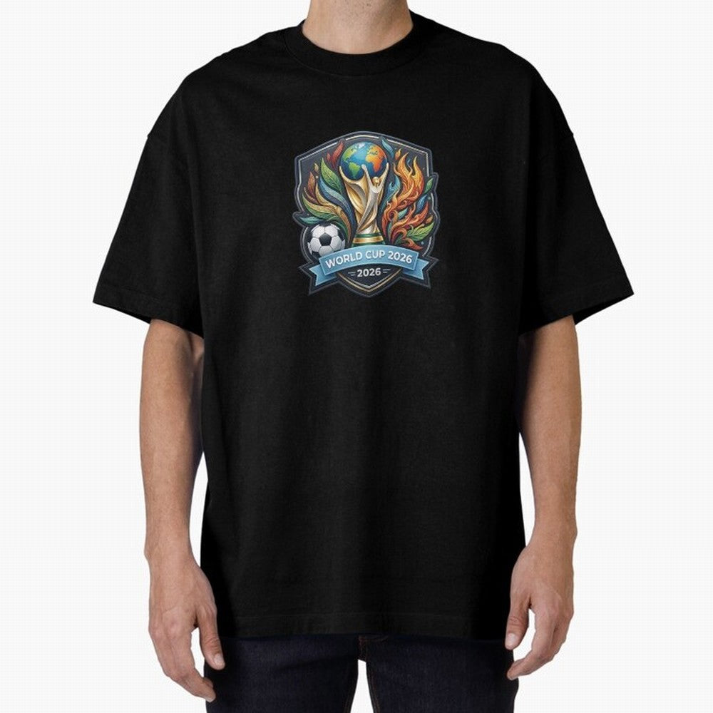 World Cup 2026 Football Crest - Retro Vintage Sticker Oversized T-Shirt Step into FIFA World Cup 2026 Group Stage Highlighting Neymar, Haaland and Cristiano Ronaldo, Brazil, Portugal and Argentina Energy, Football History, Final Match Energy, Crowd