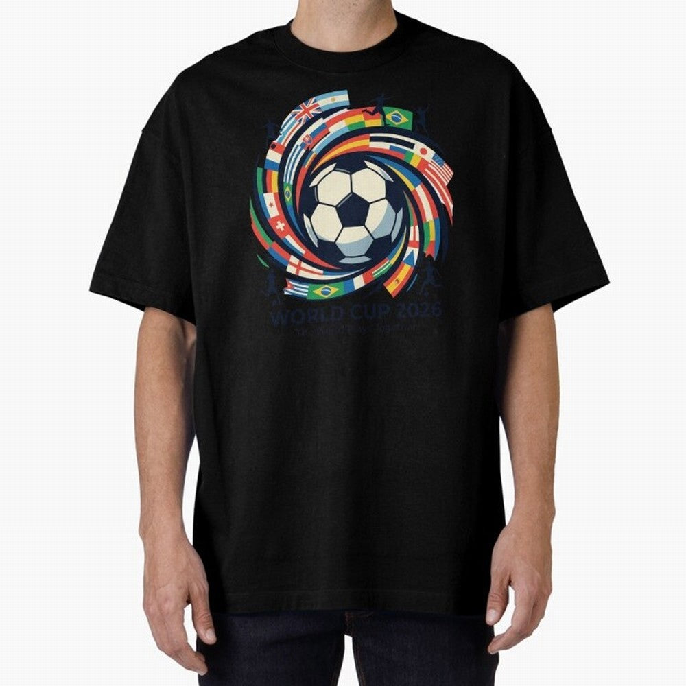 2D World Cup 2026 Football Spiral Flag Design T-Shirt Oversized T-Shirt Share the FIFA World Cup 2026 USA Canada Mexico Journey through CR7 and Messi Highlights, Portugal, Spain and Germany Pride, Stadium Memories, Football Loyalty, International