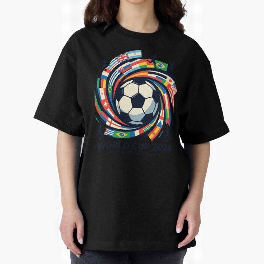 2D World Cup 2026 Football Spiral Flag Design T-Shirt Oversized T-Shirt Share the FIFA World Cup 2026 USA Canada Mexico Journey through CR7 and Messi Highlights, Portugal, Spain and Germany Pride, Stadium Memories, Football Loyalty, International