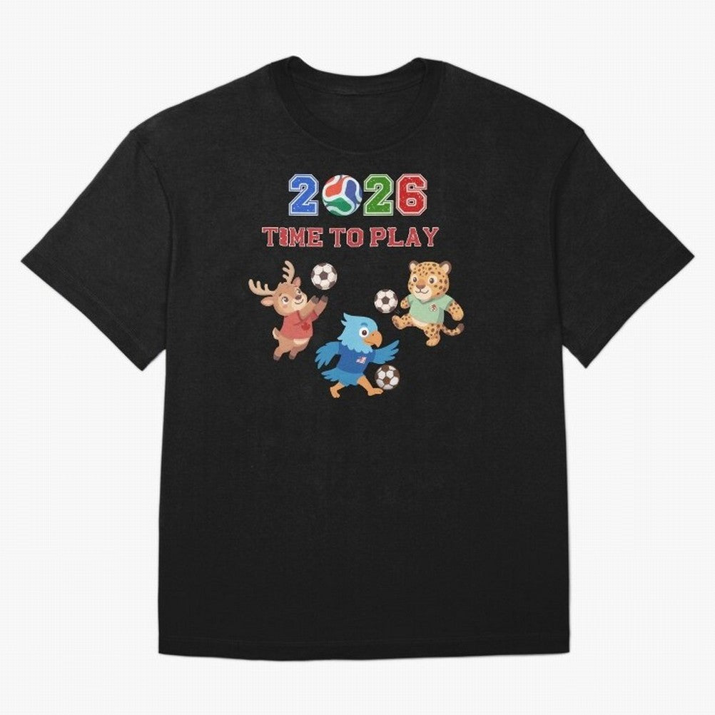 Soccer Mascots 2026 USA Mexico Canada Time To Play Oversized T-Shirt Upgrade Match Day Hype around FIFA World Cup 2026, Mbappe and Neymar, Argentina, Retro Football Energy, Iconic Rivalries, Trophy Chase Drama and Stadium Atmosphere; Ideal for