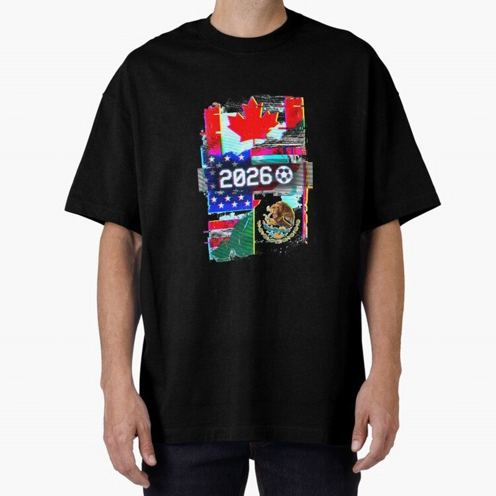 Glitched United 2026 - North America Tournament Emblem Oversized T-Shirt Build FIFA World Cup 2026 Group Stage Filled with CR7, England and Germany Energy, Classic Soccer Heritage, Championship Pressure, Fan Loyalty and International Pride; Created