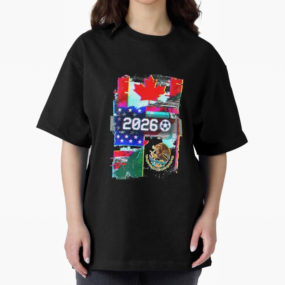 Glitched United 2026 - North America Tournament Emblem Oversized T-Shirt Build FIFA World Cup 2026 Group Stage Filled with CR7, England and Germany Energy, Classic Soccer Heritage, Championship Pressure, Fan Loyalty and International Pride; Created
